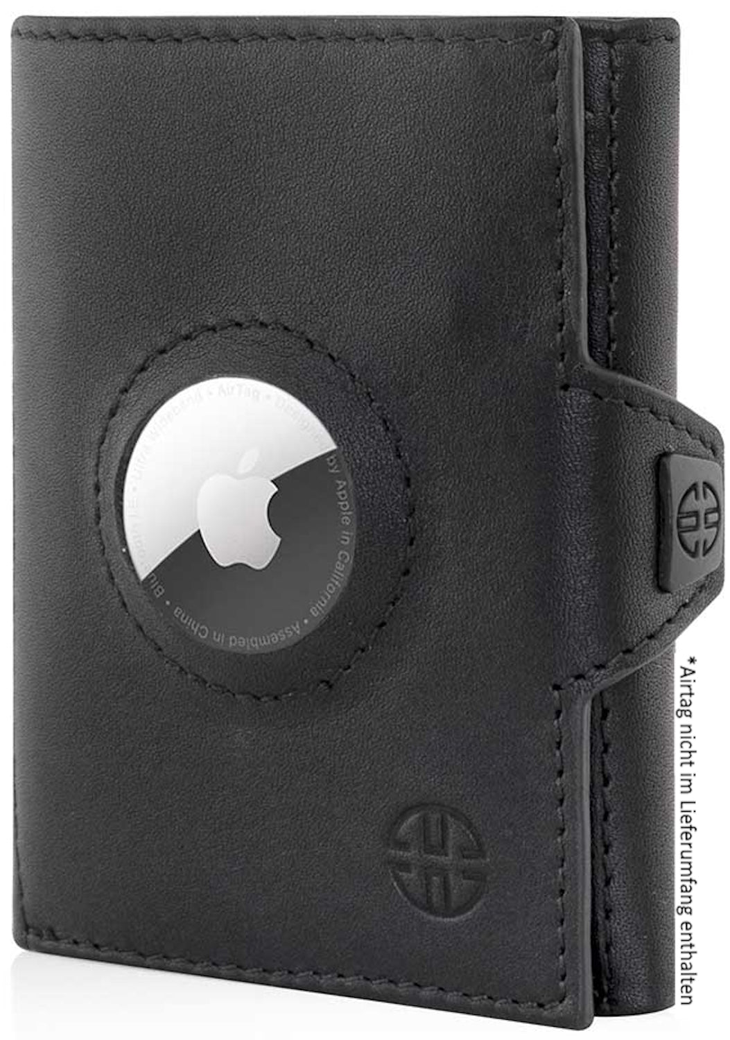 Schwarzes Wallet aus Rindsleder mit AirTag in der Mitte. Dieses ist eingefasst in das Leder. Auf der Rechten Seite befindet sich eine Lasche, mit der man die kleine Geldbörse öffnen kann. Es ist ein Tri-Fold Portemonnaie. Das Design ist edel.
