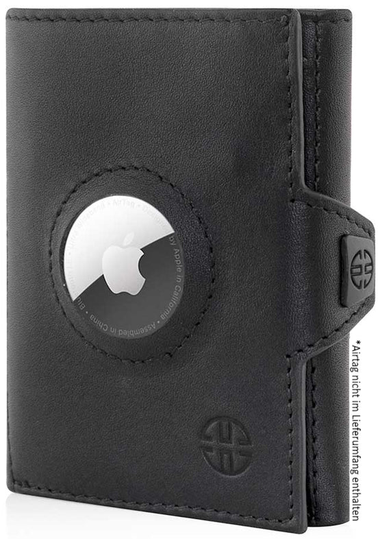 Schwarzes Wallet aus Rindsleder mit AirTag in der Mitte. Dieses ist eingefasst in das Leder. Auf der Rechten Seite befindet sich eine Lasche, mit der man die kleine Geldbörse öffnen kann. Es ist ein Tri-Fold Portemonnaie. Das Design ist edel.